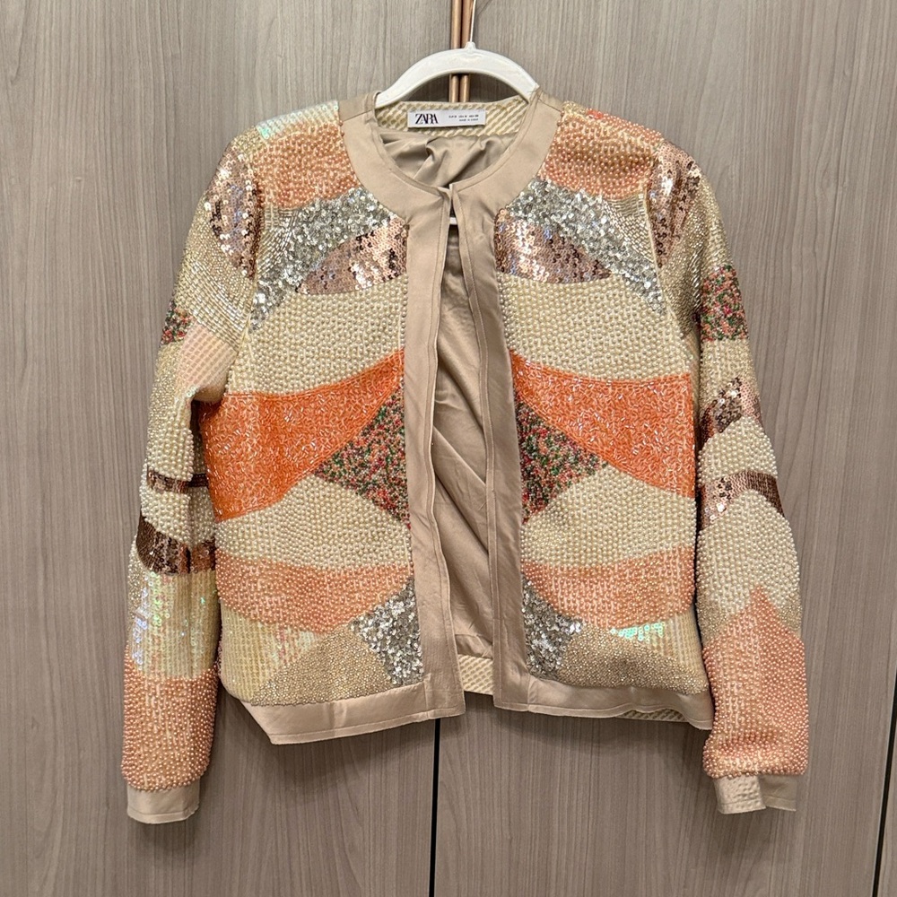 Zara Peach and Champagne Sequin Knit Bomber Jacket